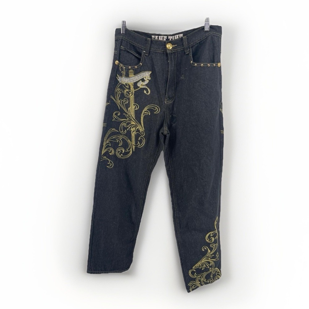 Game Time Men's Jeans Size 34 Y2K Embroidered Graphic Denim Distressed Patched
